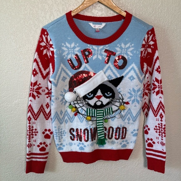 Ugly Christmas Cat Sweater Small Red‎ Blue No Boundaries Snow Good - Picture 1 of 7
